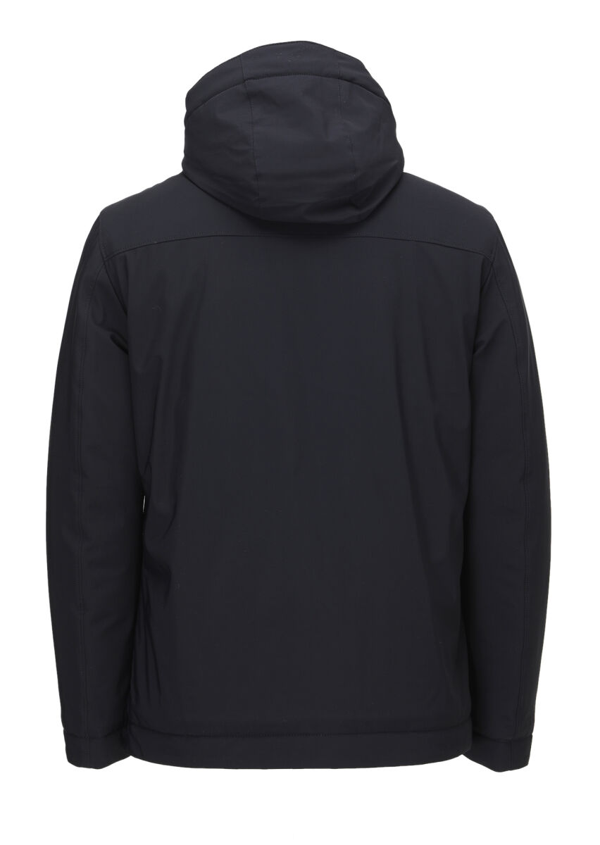 Navy Blue Regular Fit Casual Weaving Removable Hood Coat - 2