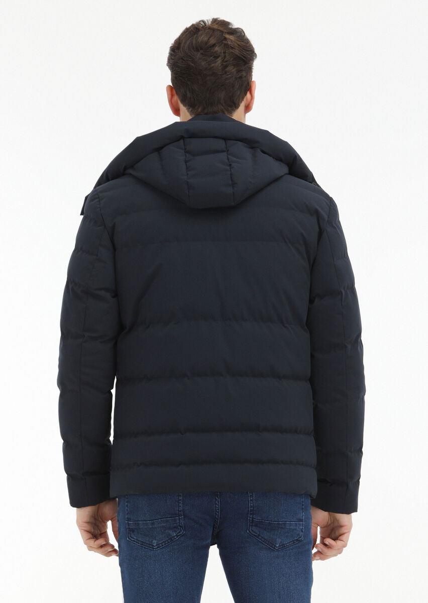 Navy Blue Regular Fit Casual Weaving Removable Hood Coat - 5