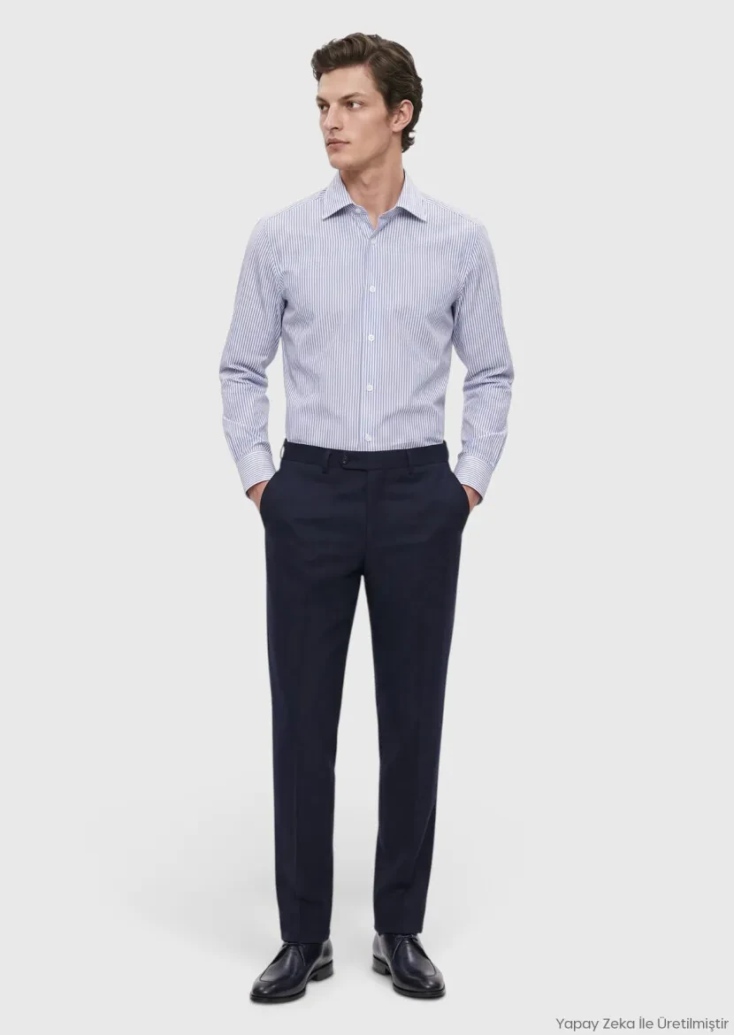 Navy Blue Regular Fit Classical 100% Wool Trousers 