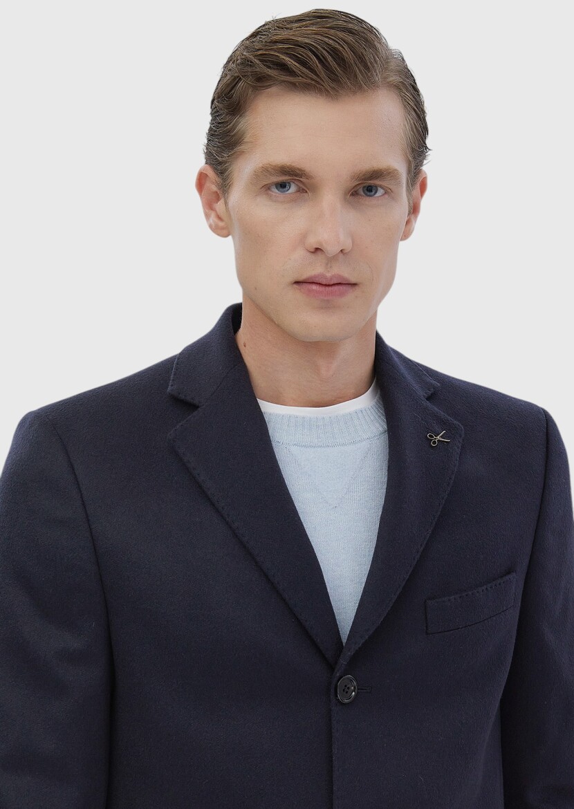 Navy Blue Regular Fit Classical Weaving Overcoat - 8