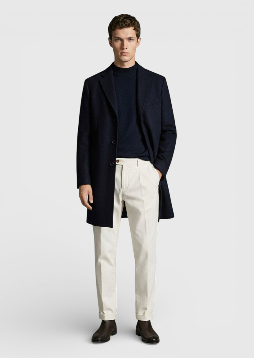 Navy Blue Regular Fit Classical Weaving Overcoat - 3