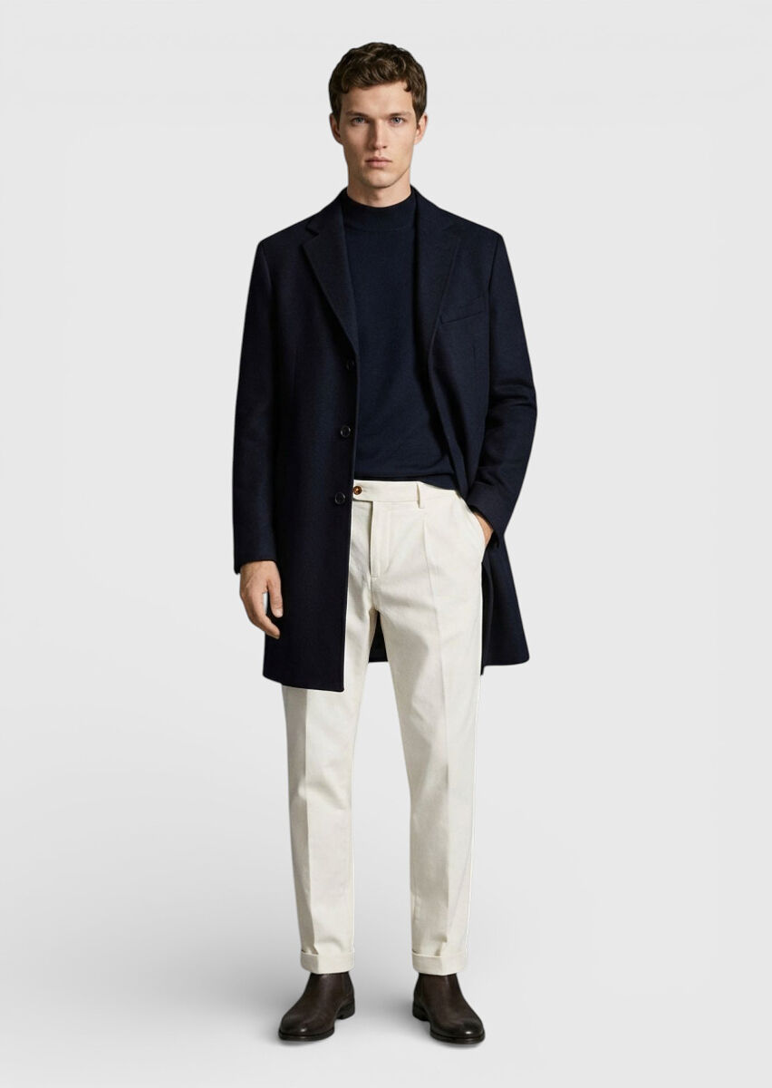 Navy Blue Regular Fit Classical Weaving Overcoat - 3