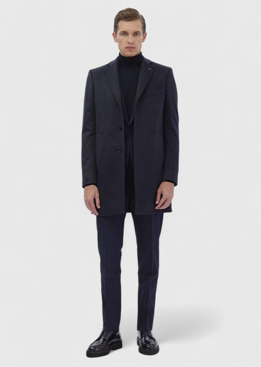 Navy Blue Regular Fit Classical Weaving Overcoat - 3