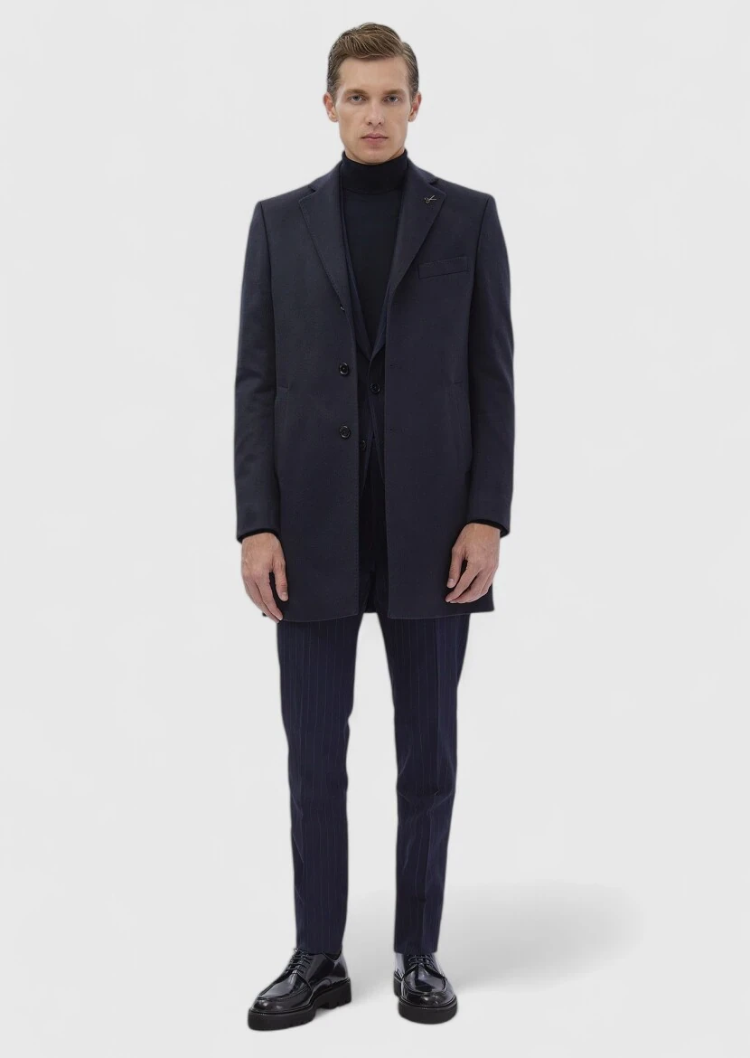 Navy Blue Regular Fit Classical Weaving Overcoat - 3