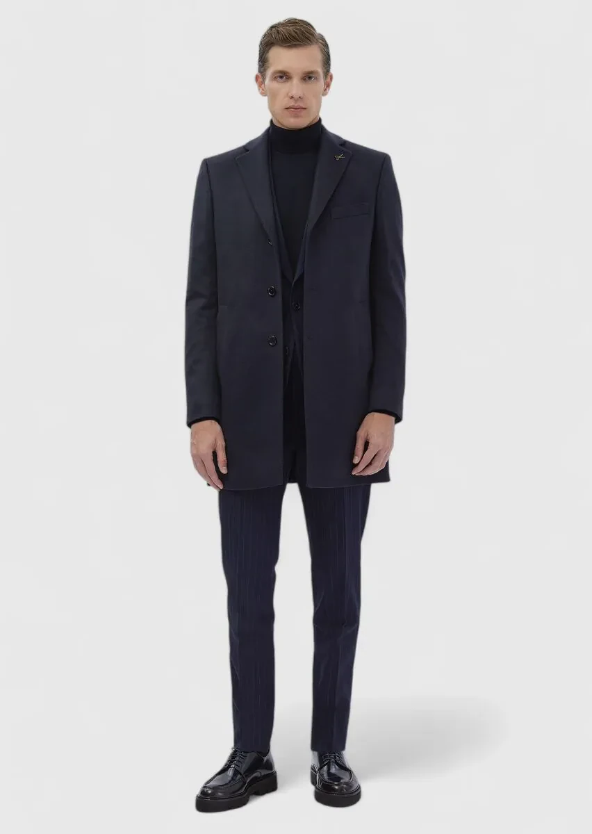Navy Blue Regular Fit Classical Weaving Overcoat - 3