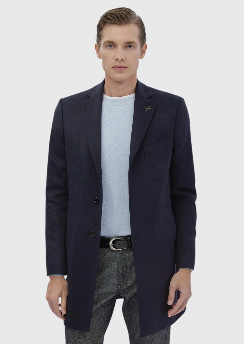 Navy Blue Regular Fit Classical Weaving Overcoat - 5