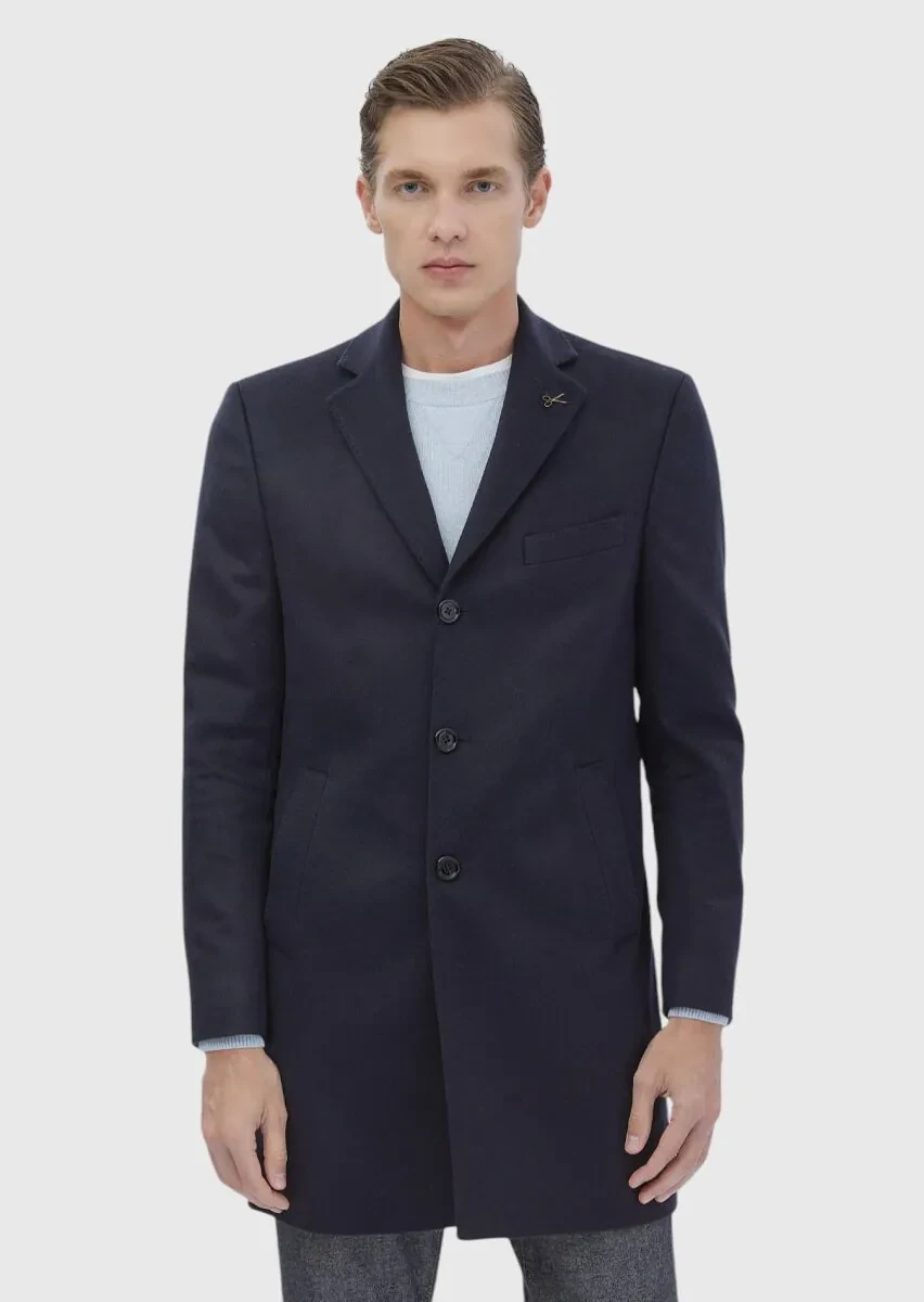 Navy Blue Regular Fit Classical Weaving Overcoat - 7