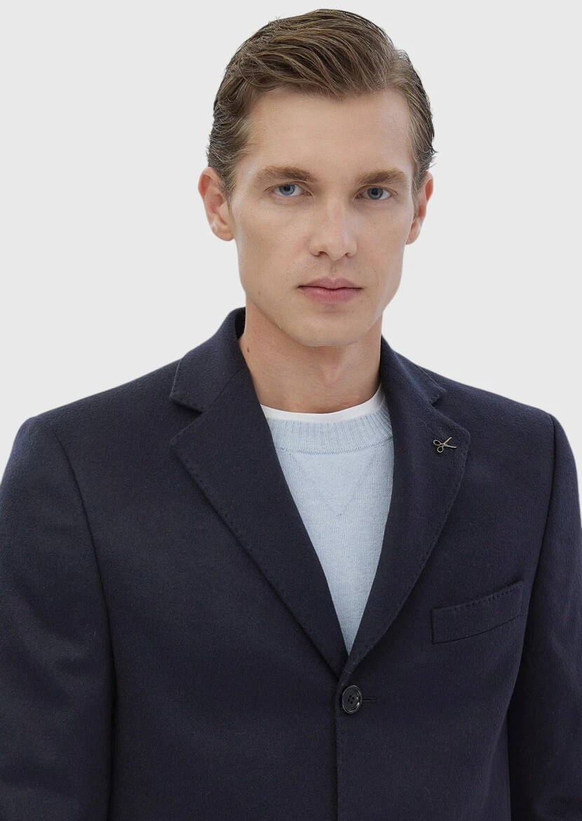 Navy Blue Regular Fit Classical Weaving Overcoat - 8
