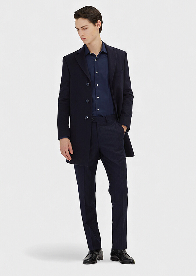 Navy Blue Regular Fit Classical Weaving Overcoat 