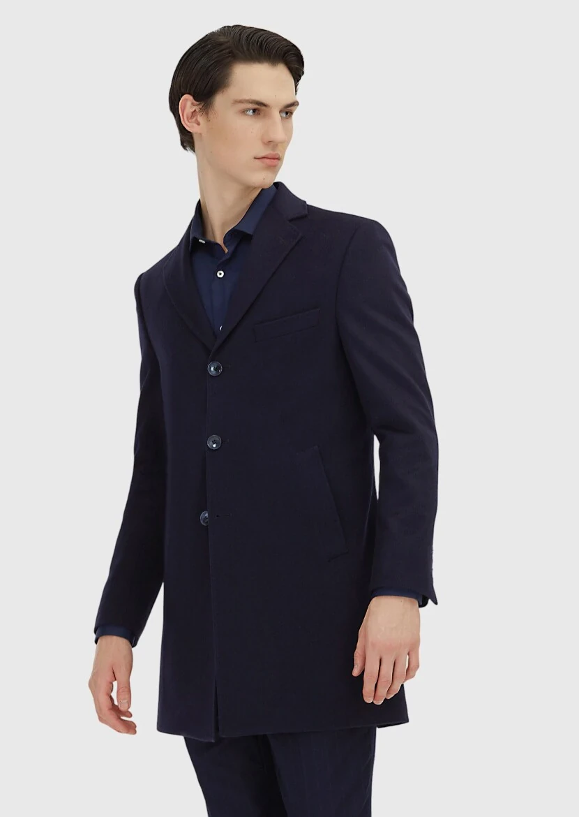 Navy Blue Regular Fit Classical Weaving Overcoat - RAMSEY