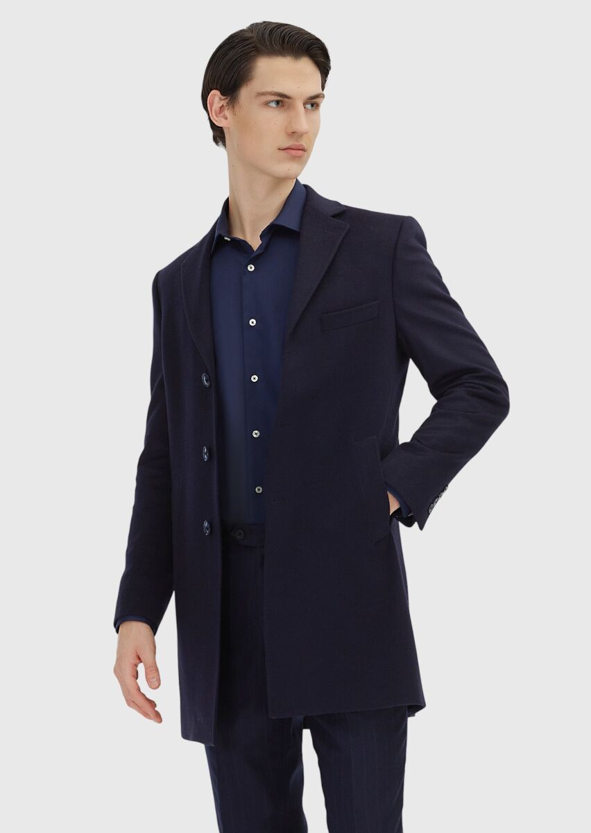 Navy Blue Regular Fit Classical Weaving Overcoat - 4