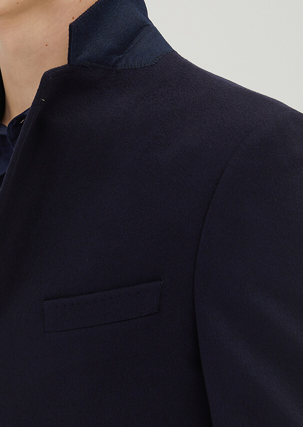 Navy Blue Regular Fit Classical Weaving Overcoat - 5