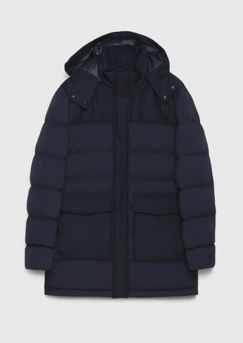 Navy Blue Regular Fit Classical Weaving Removable Hood Coat 