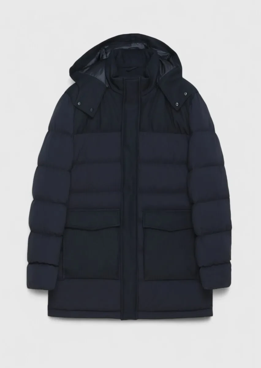 Navy Blue Regular Fit Classical Weaving Removable Hood Coat - 1