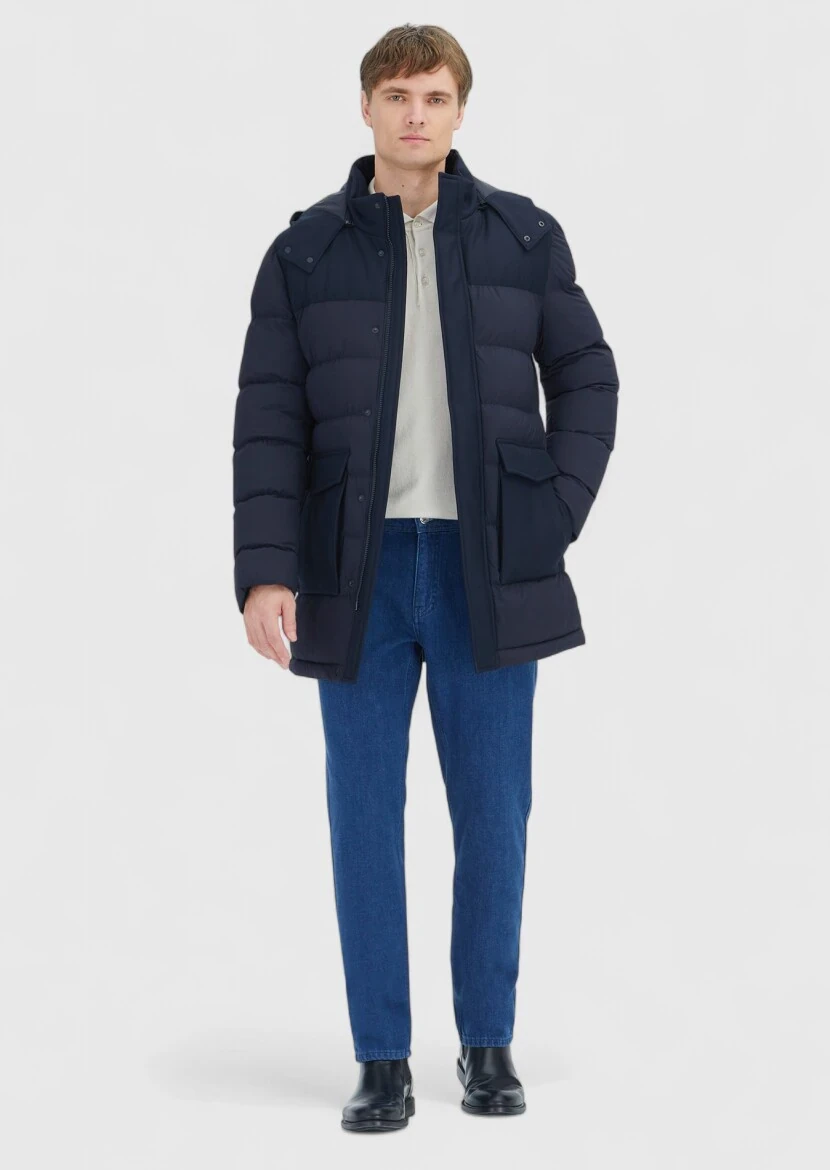 Navy Blue Regular Fit Classical Weaving Removable Hood Coat - RAMSEY