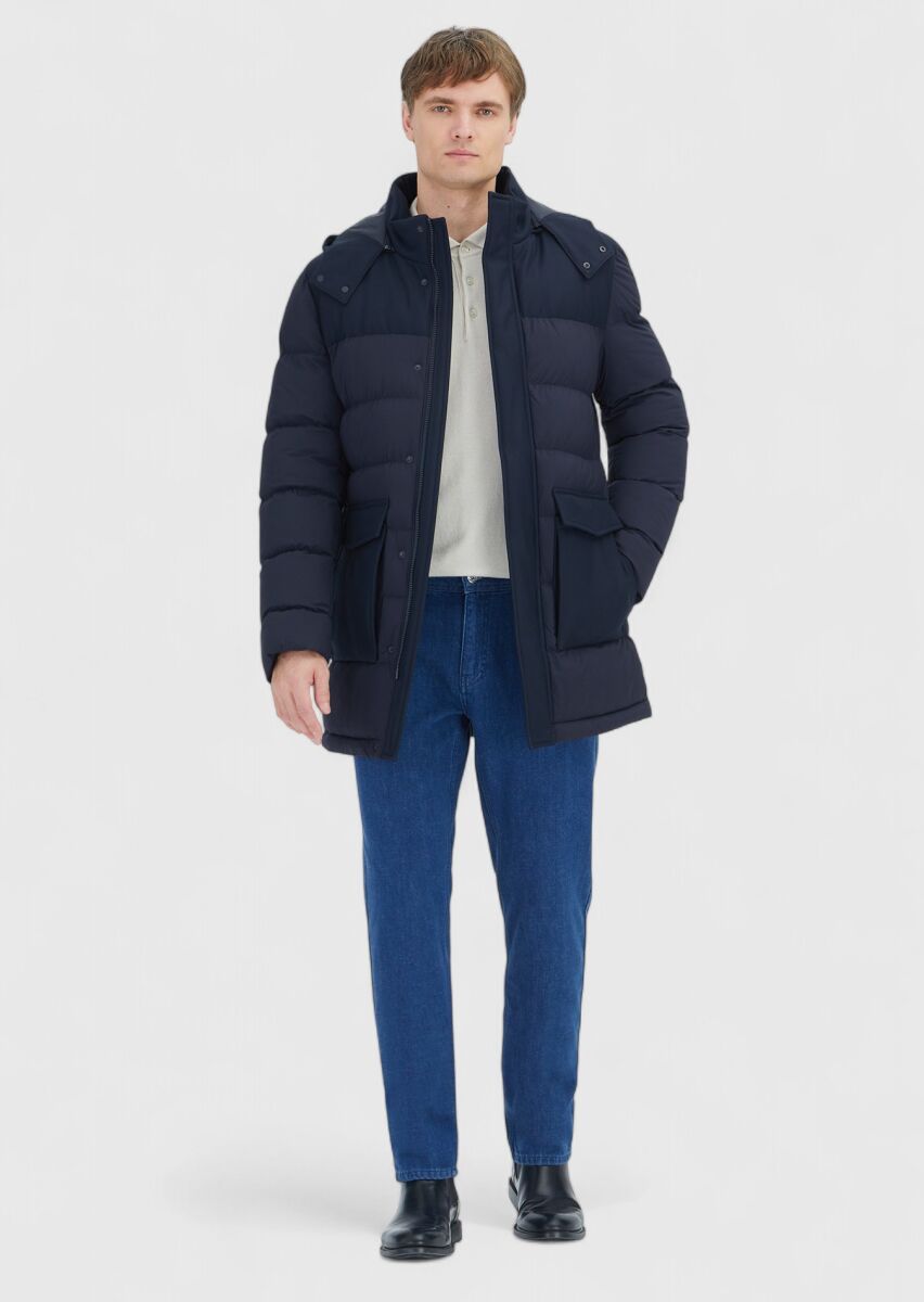 Navy Blue Regular Fit Classical Weaving Removable Hood Coat - 2