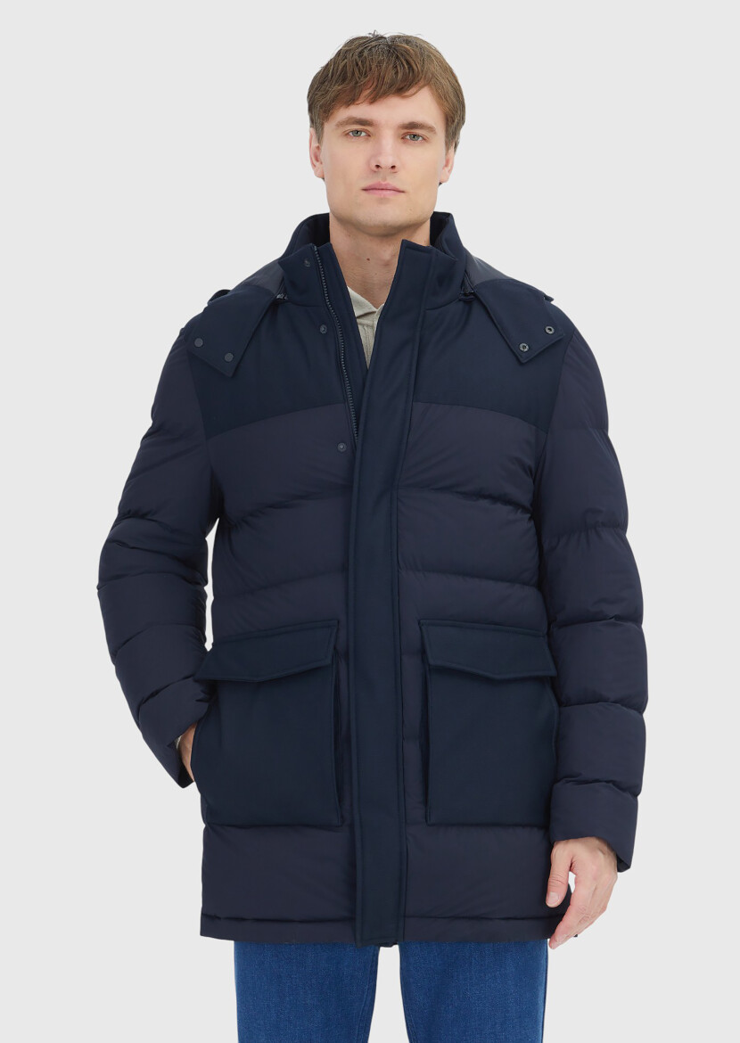 Navy Blue Regular Fit Classical Weaving Removable Hood Coat - RAMSEY
