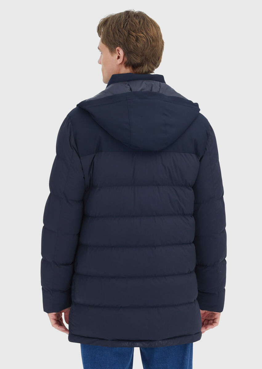 Navy Blue Regular Fit Classical Weaving Removable Hood Coat - 7