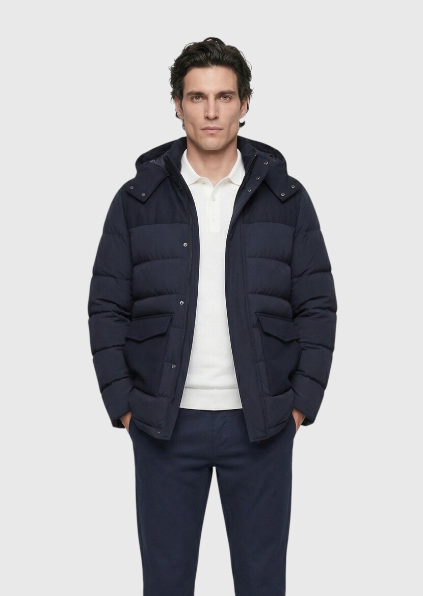 Navy Blue Regular Fit Classical Weaving Removable Hood Coat - RAMSEY