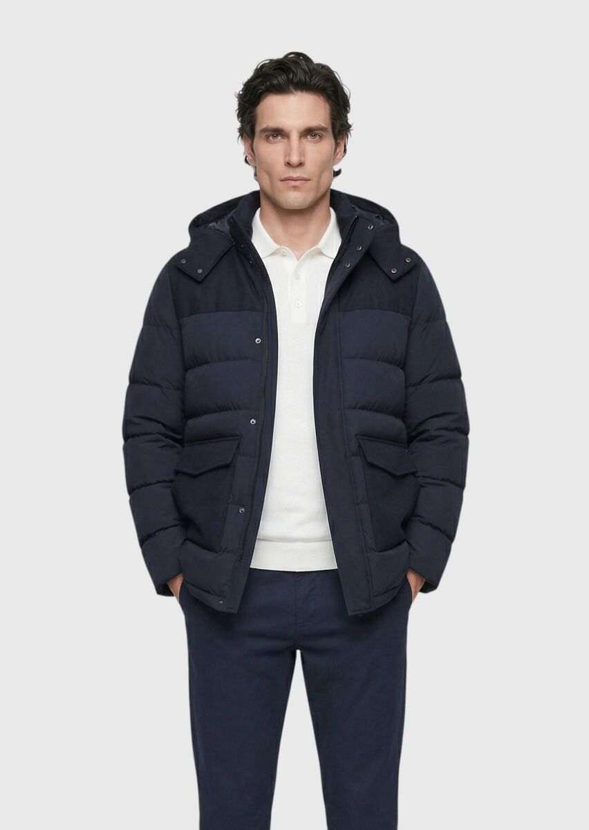 Navy Blue Regular Fit Classical Weaving Removable Hood Coat - 1