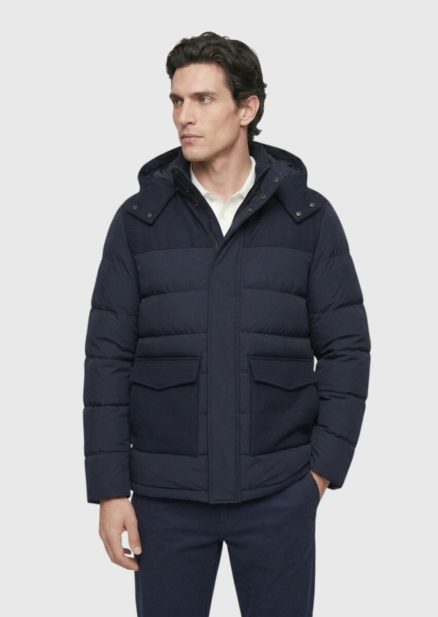 Navy Blue Regular Fit Classical Weaving Removable Hood Coat - 2