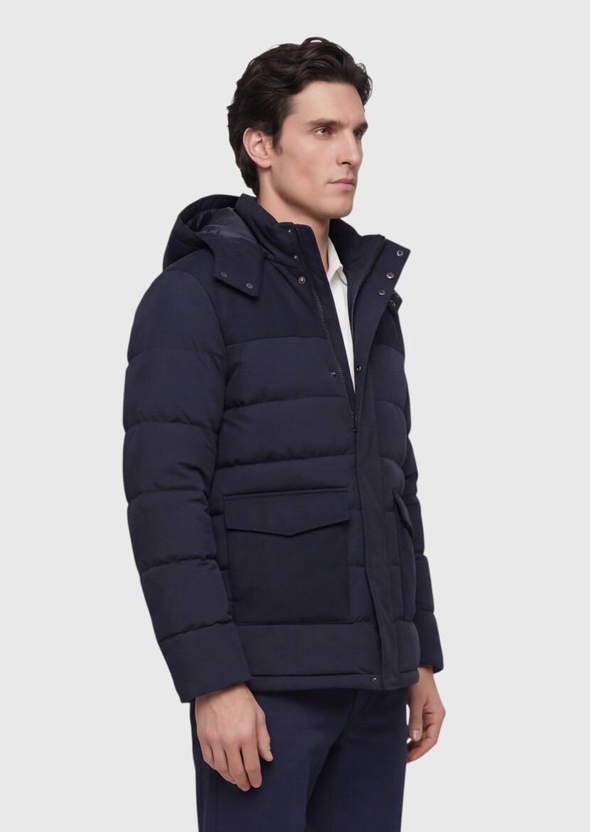 Navy Blue Regular Fit Classical Weaving Removable Hood Coat - 3