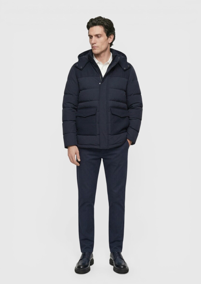 Navy Blue Regular Fit Classical Weaving Removable Hood Coat - 4