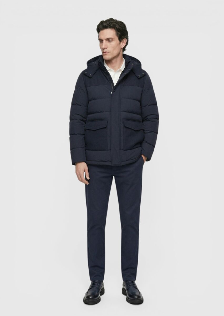 Navy Blue Regular Fit Classical Weaving Removable Hood Coat - 4