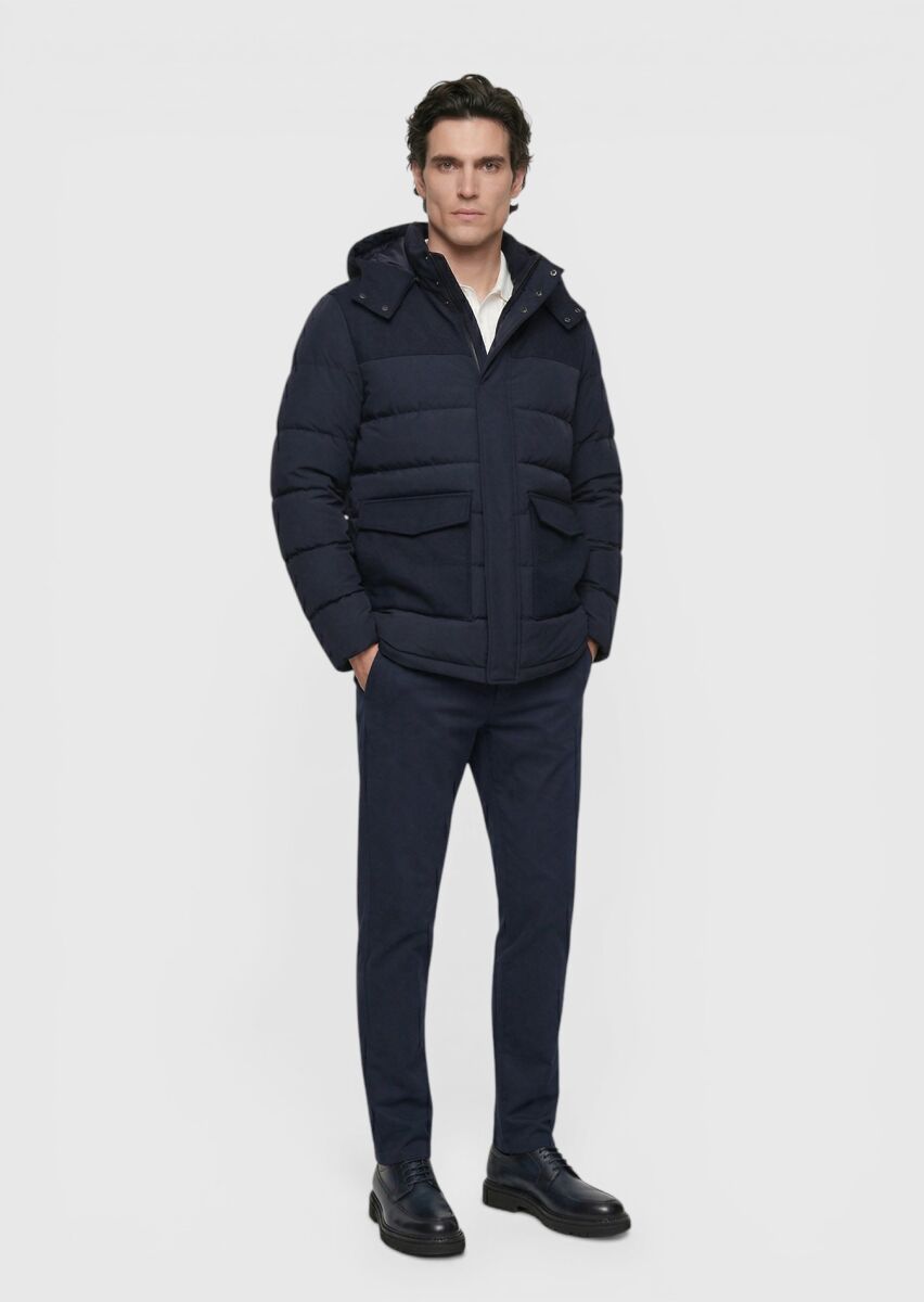 Navy Blue Regular Fit Classical Weaving Removable Hood Coat - 5