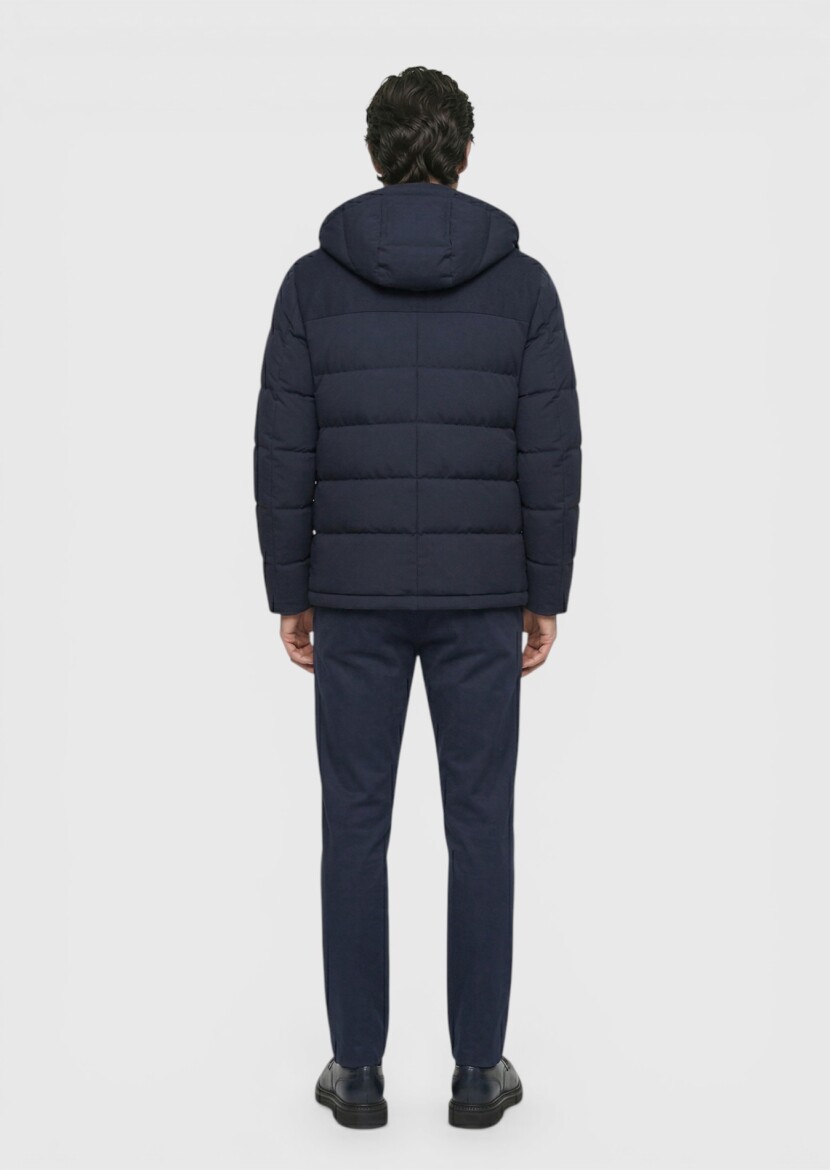Navy Blue Regular Fit Classical Weaving Removable Hood Coat - 6