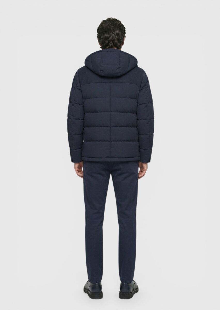 Navy Blue Regular Fit Classical Weaving Removable Hood Coat - 6