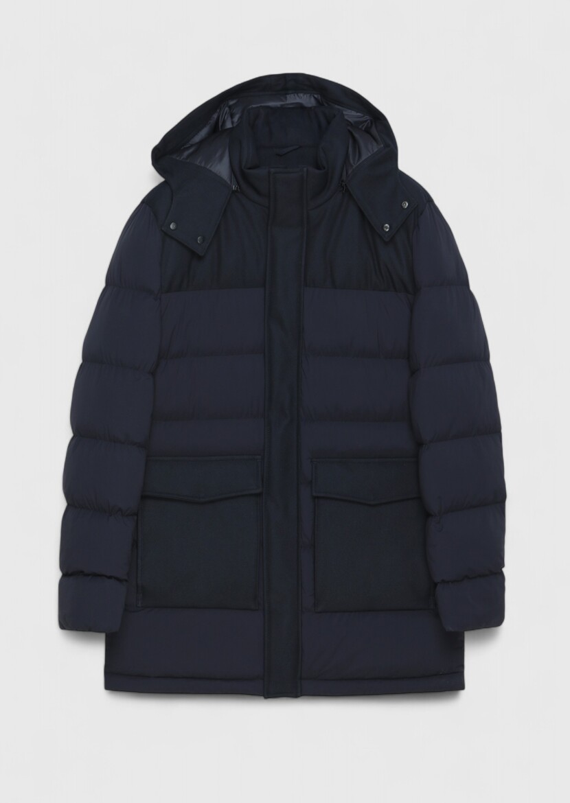 Navy Blue Regular Fit Classical Weaving Removable Hood Coat - 7