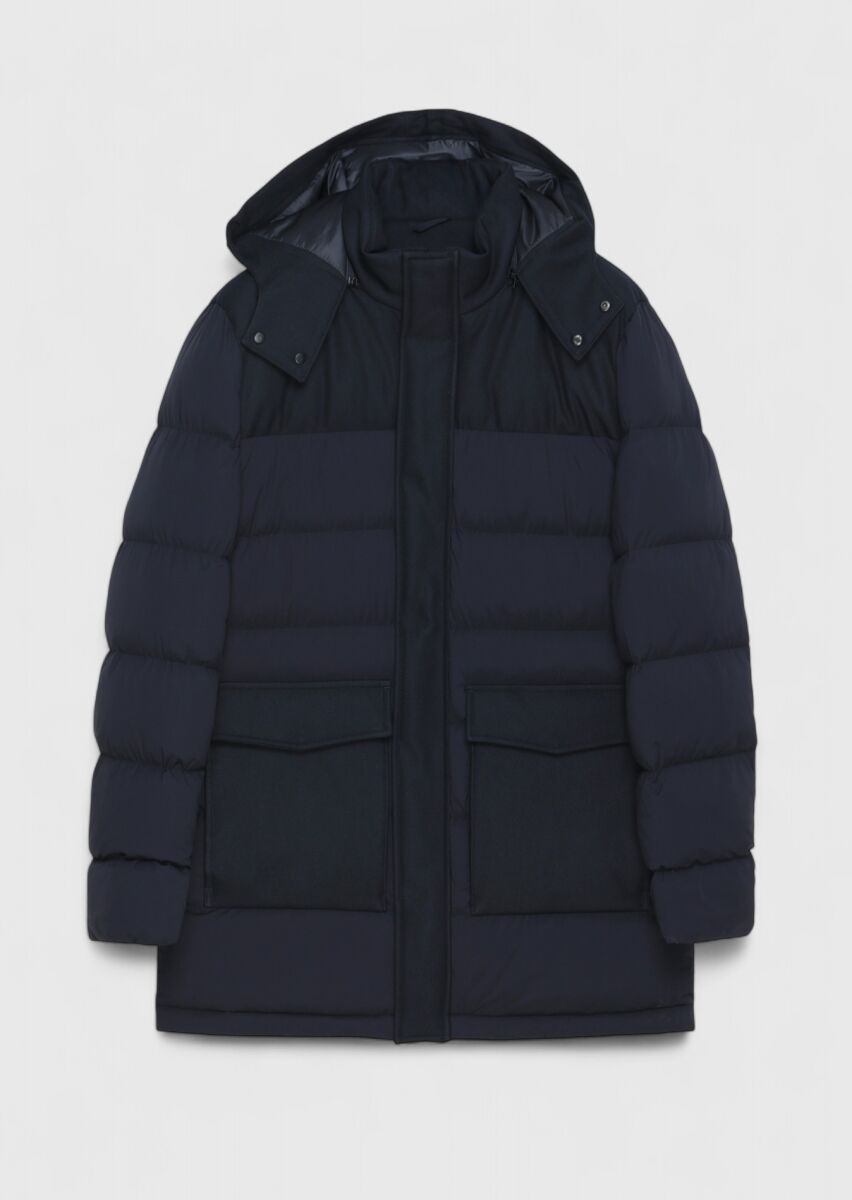 Navy Blue Regular Fit Classical Weaving Removable Hood Coat - 7
