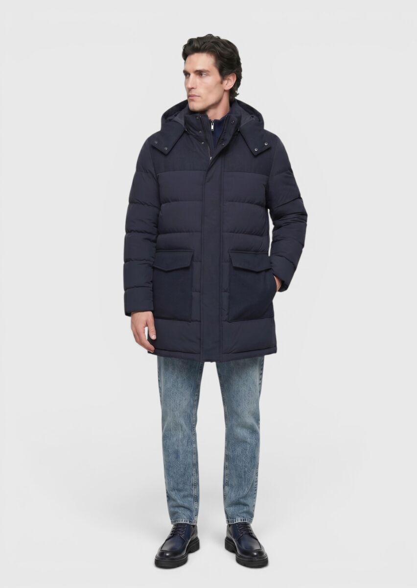Navy Blue Regular Fit Classical Weaving Removable Hood Coat - 3