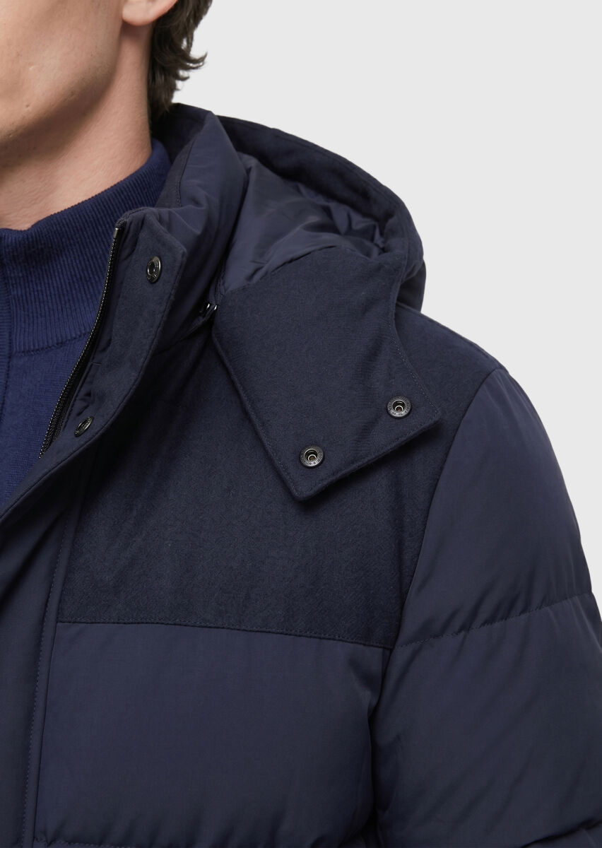Navy Blue Regular Fit Classical Weaving Removable Hood Coat - 4