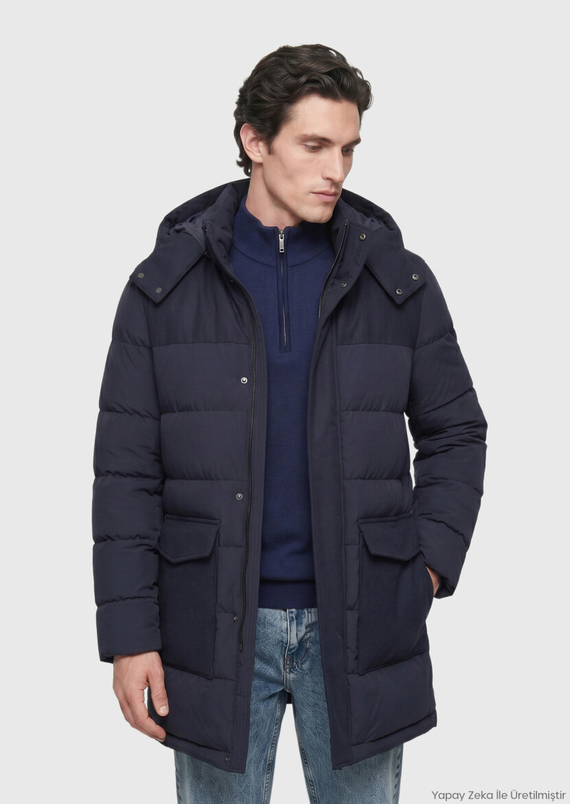 Navy Blue Regular Fit Classical Weaving Removable Hood Coat - RAMSEY