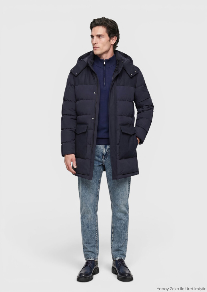 Navy Blue Regular Fit Classical Weaving Removable Hood Coat - RAMSEY