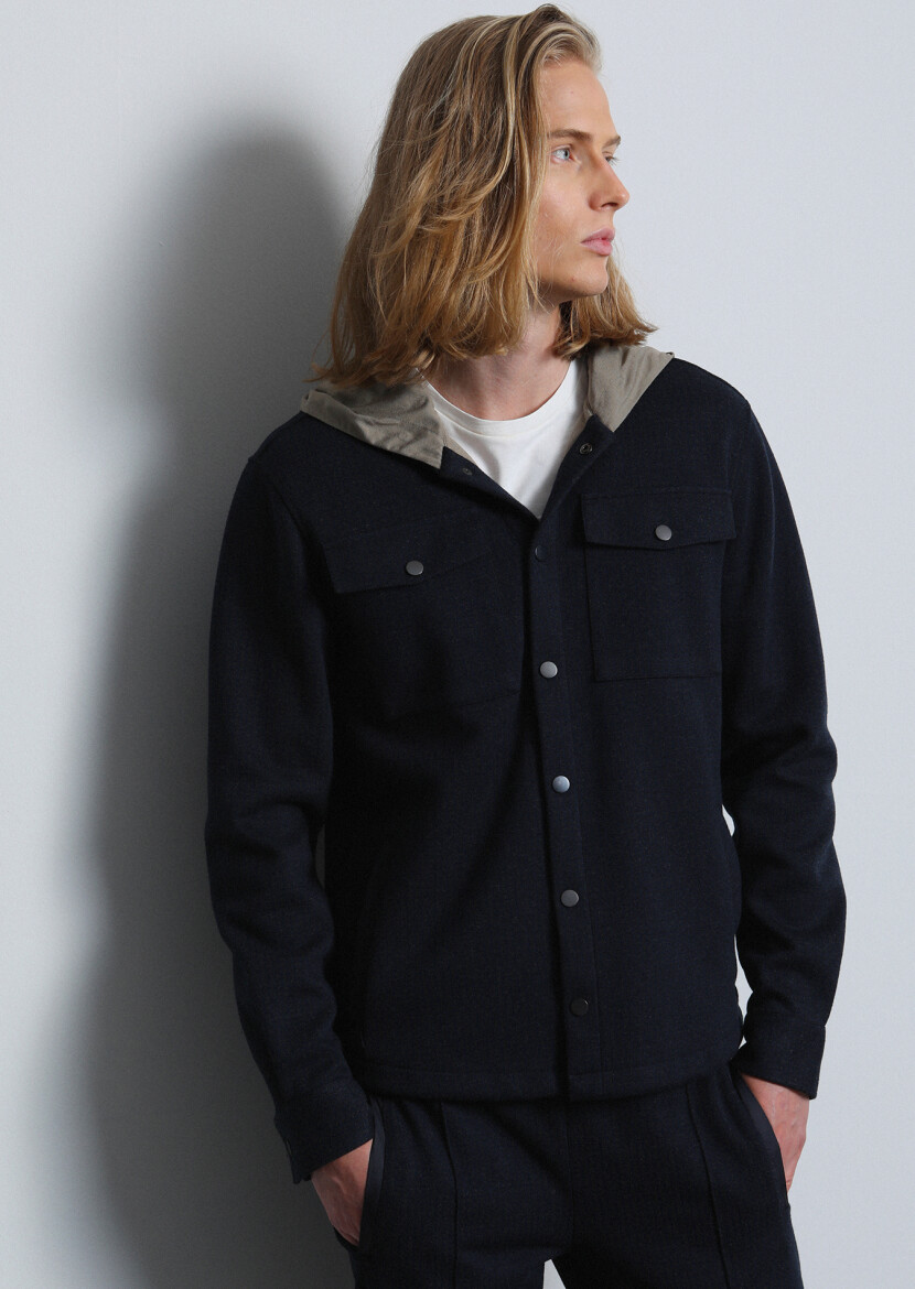 Navy Blue Regular Fit Cotton Blended Lightweight Jacket - 1