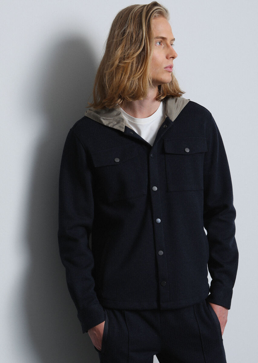 Navy Blue Regular Fit Cotton Blended Lightweight Jacket - 1