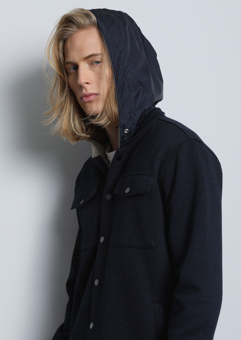 Navy Blue Regular Fit Cotton Blended Lightweight Jacket - 2