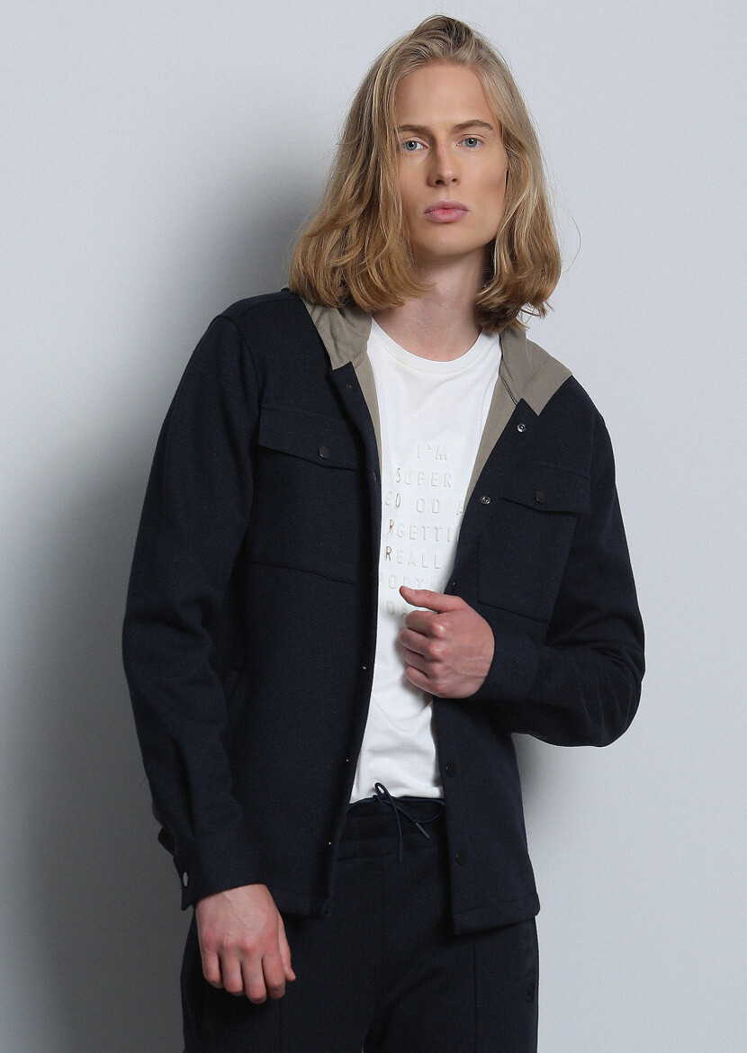 Navy Blue Regular Fit Cotton Blended Lightweight Jacket - 4