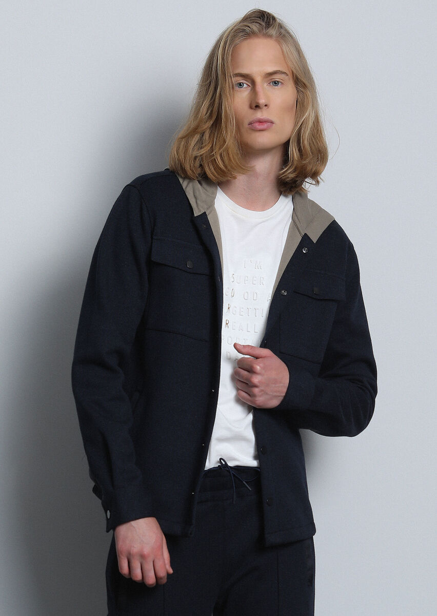 Navy Blue Regular Fit Cotton Blended Lightweight Jacket - 4