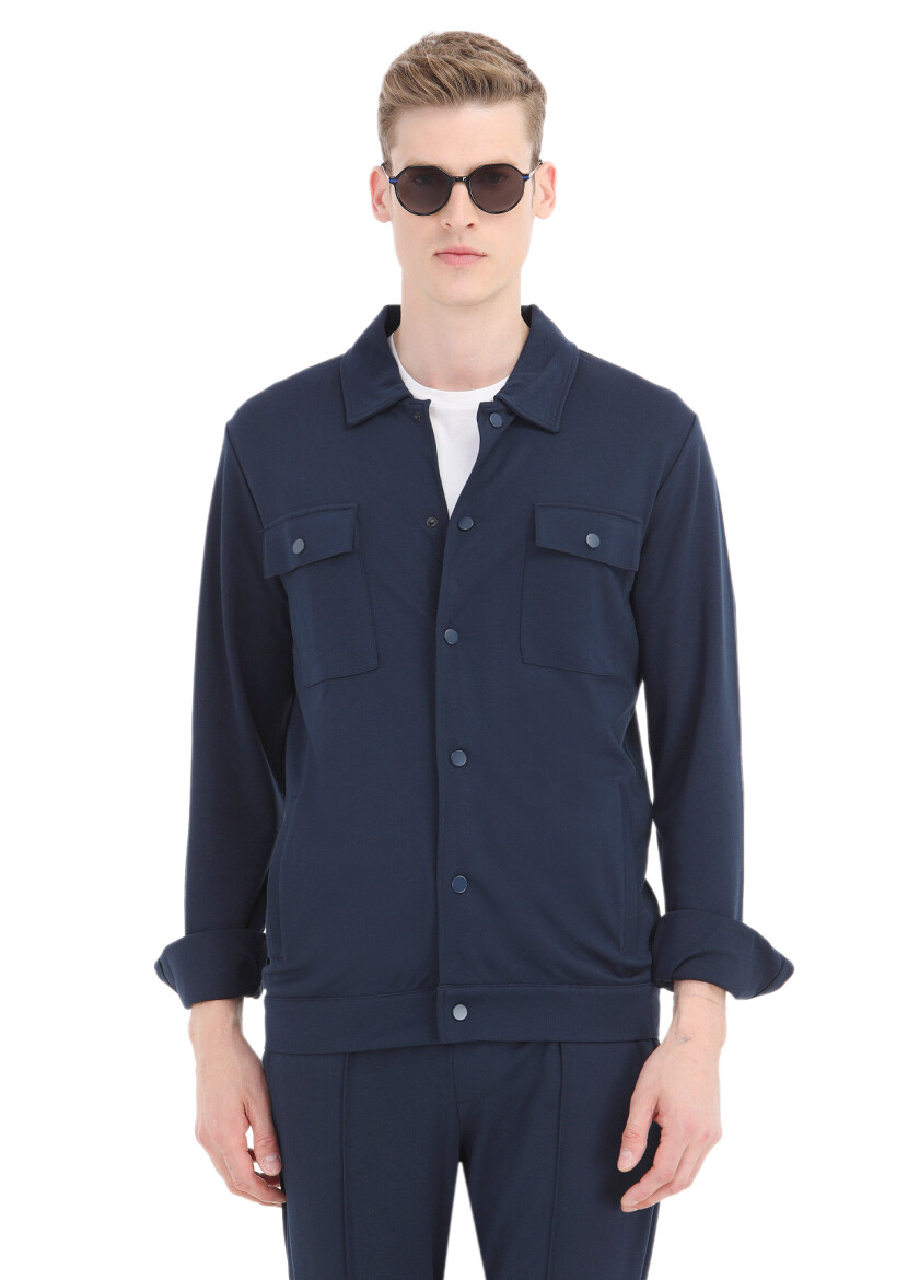 Navy Blue Regular Fit Cotton Blended Lightweight Jacket 