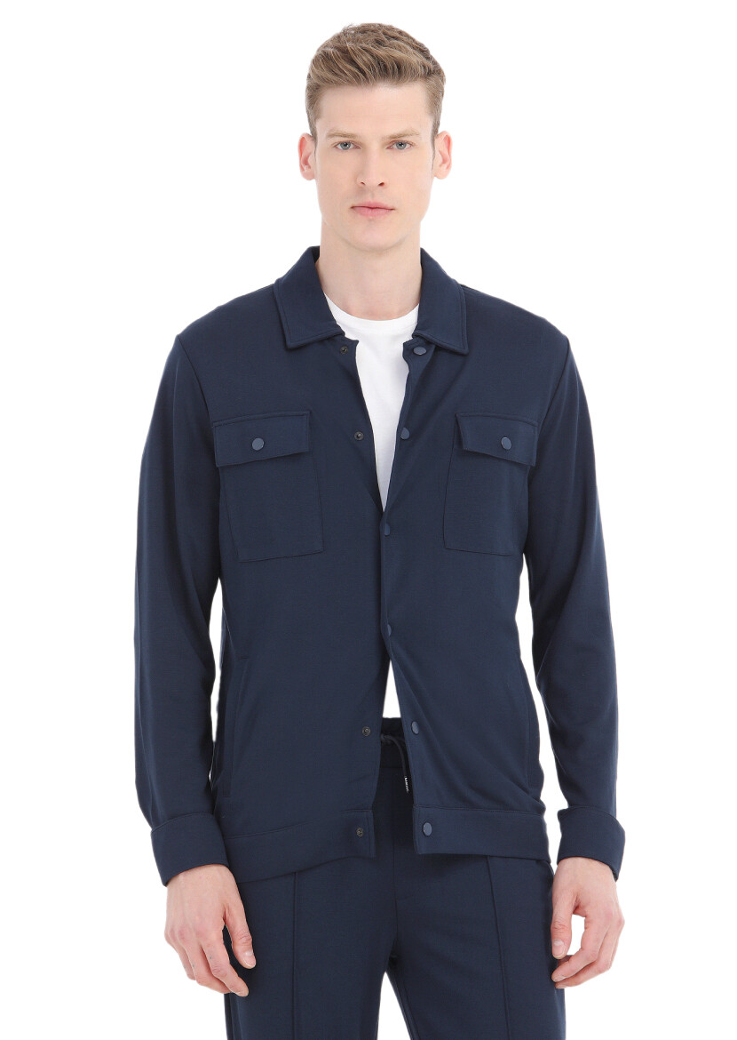 Navy Blue Regular Fit Cotton Blended Lightweight Jacket - 3