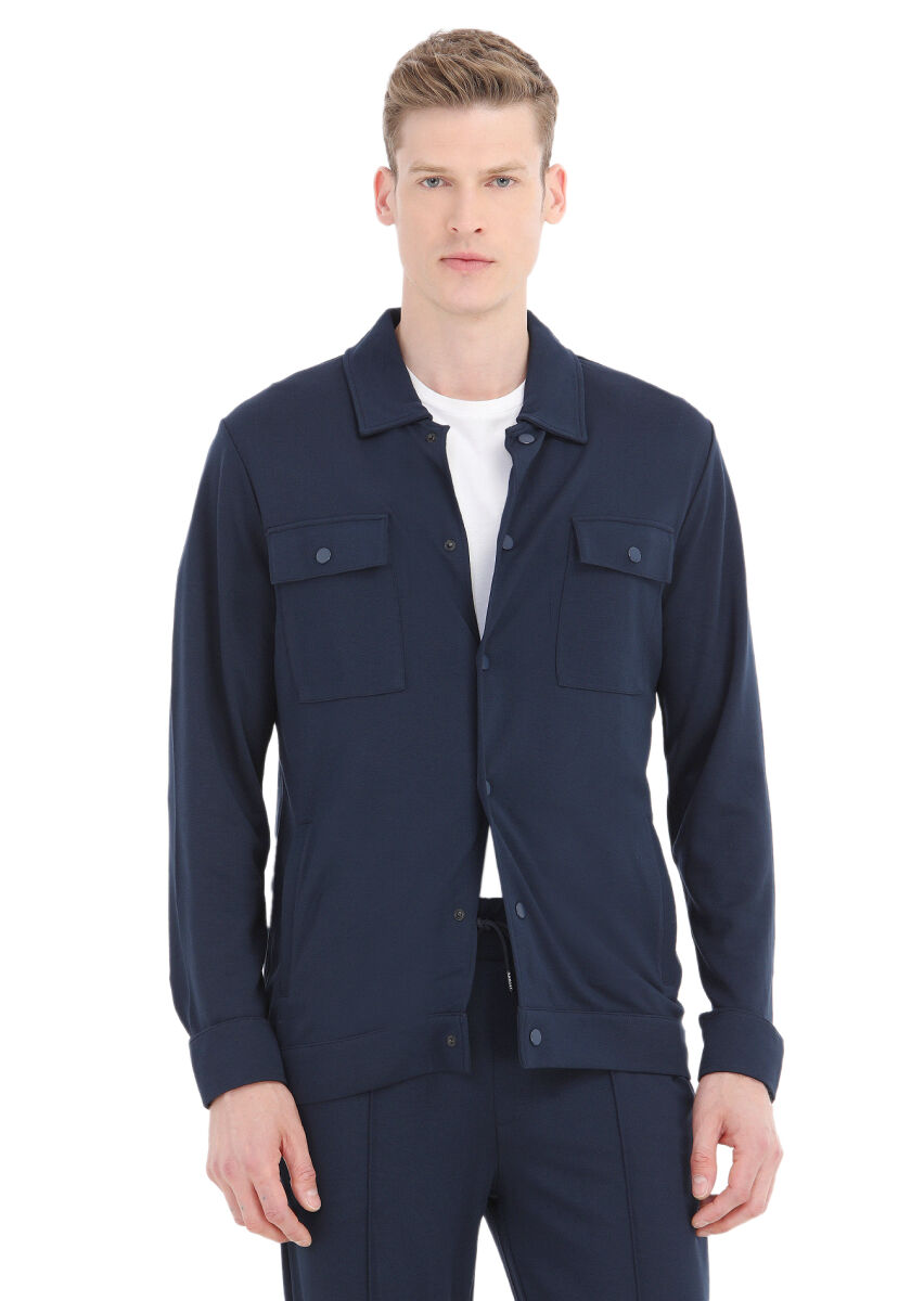 Navy Blue Regular Fit Cotton Blended Lightweight Jacket - 3