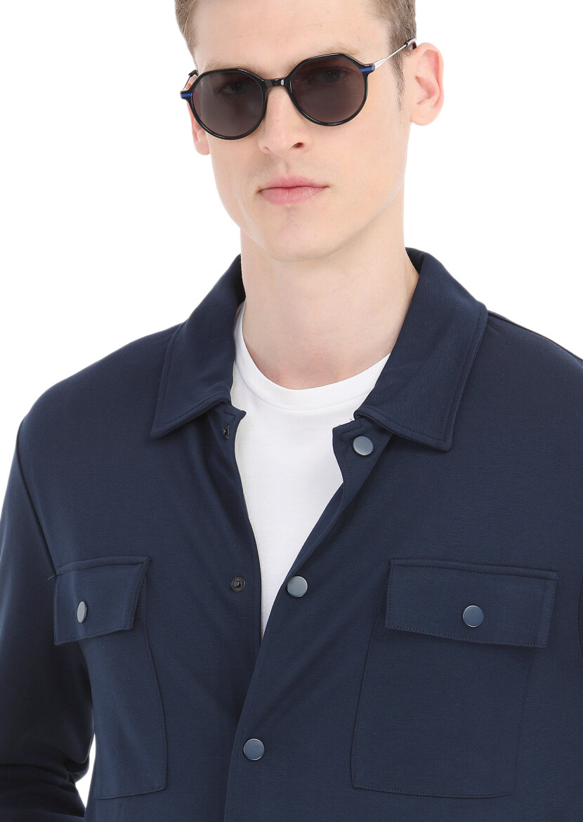 Navy Blue Regular Fit Cotton Blended Lightweight Jacket - 4