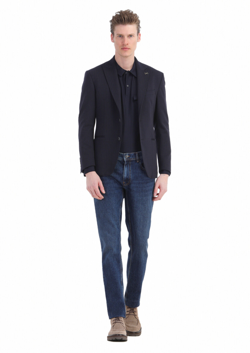 Navy Blue Regular Fit Denim 100% Cotton Trousers - 3