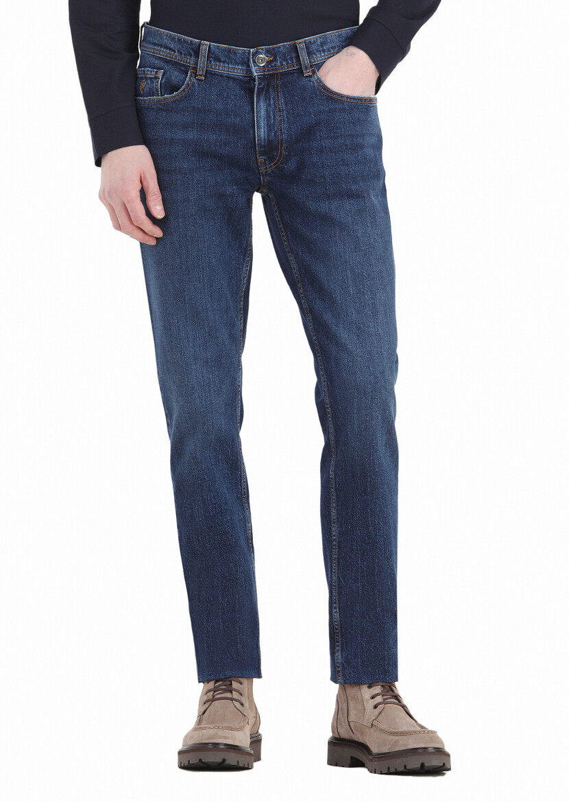 Navy Blue Regular Fit Denim 100% Cotton Trousers - 3