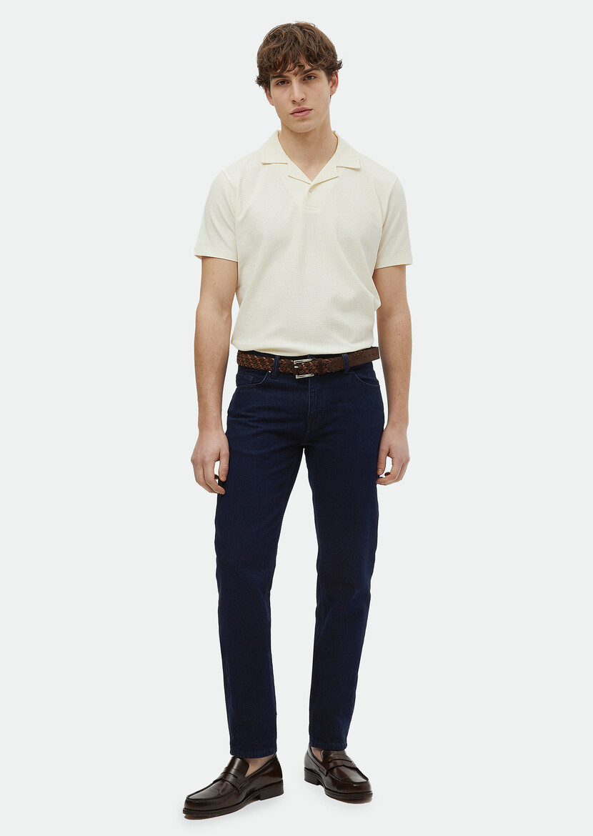 Navy Blue Regular Fit Denim Cotton Blended Trousers - 1