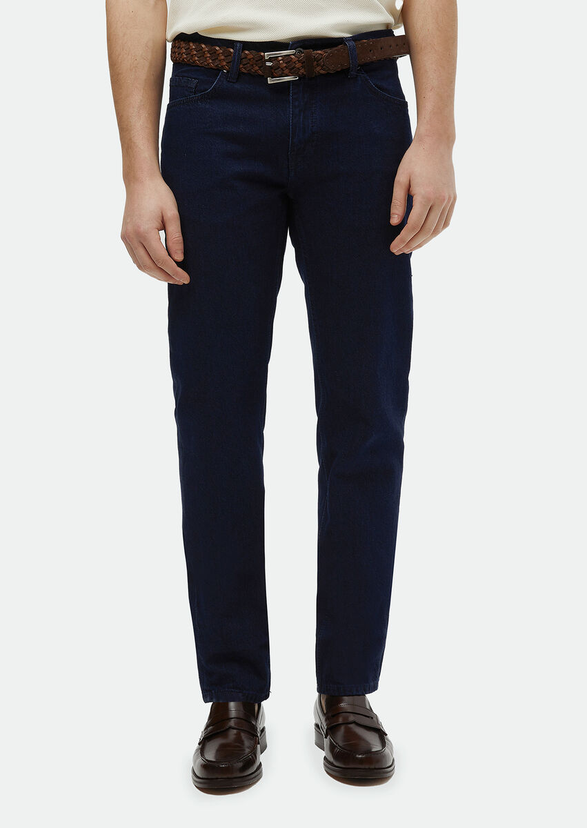 Navy Blue Regular Fit Denim Cotton Blended Trousers - 2